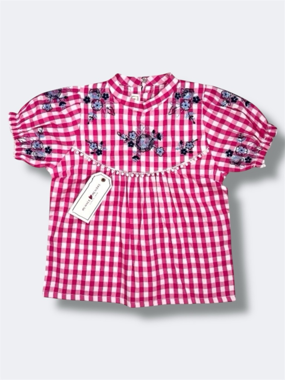 Minnie Minors Top Girls 18-24M Pink Gingham Embroidered Puff Sleeve Pom Trim